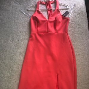 AGLOW NEON CORAL BODYCON MIDI DRESS